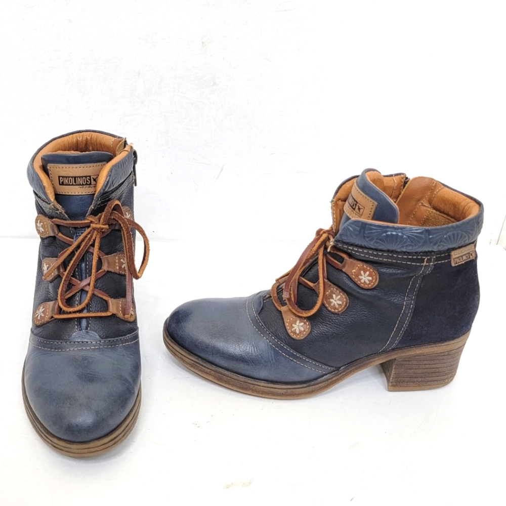 Pikolinos Blue Ankle Boots Lace Up Booties Leather Block Heel Size 37